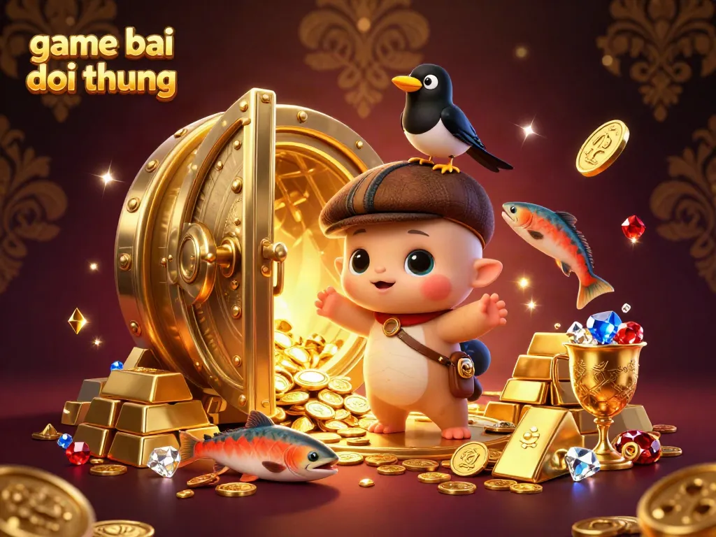 Experience the thrill of game bai doi thuong with cartoon characters among gold treasures and lively casino elements.