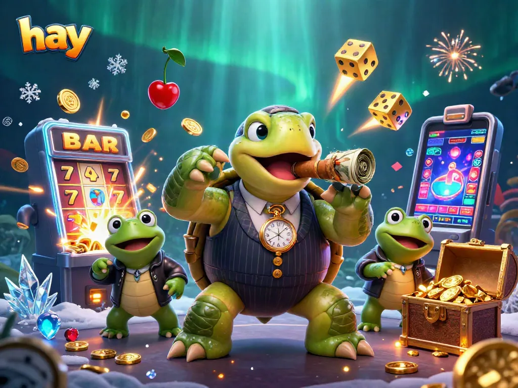 Catch exciting casino action with hay characters in a vibrant 3D illustration filled with slot machines and jackpots.
