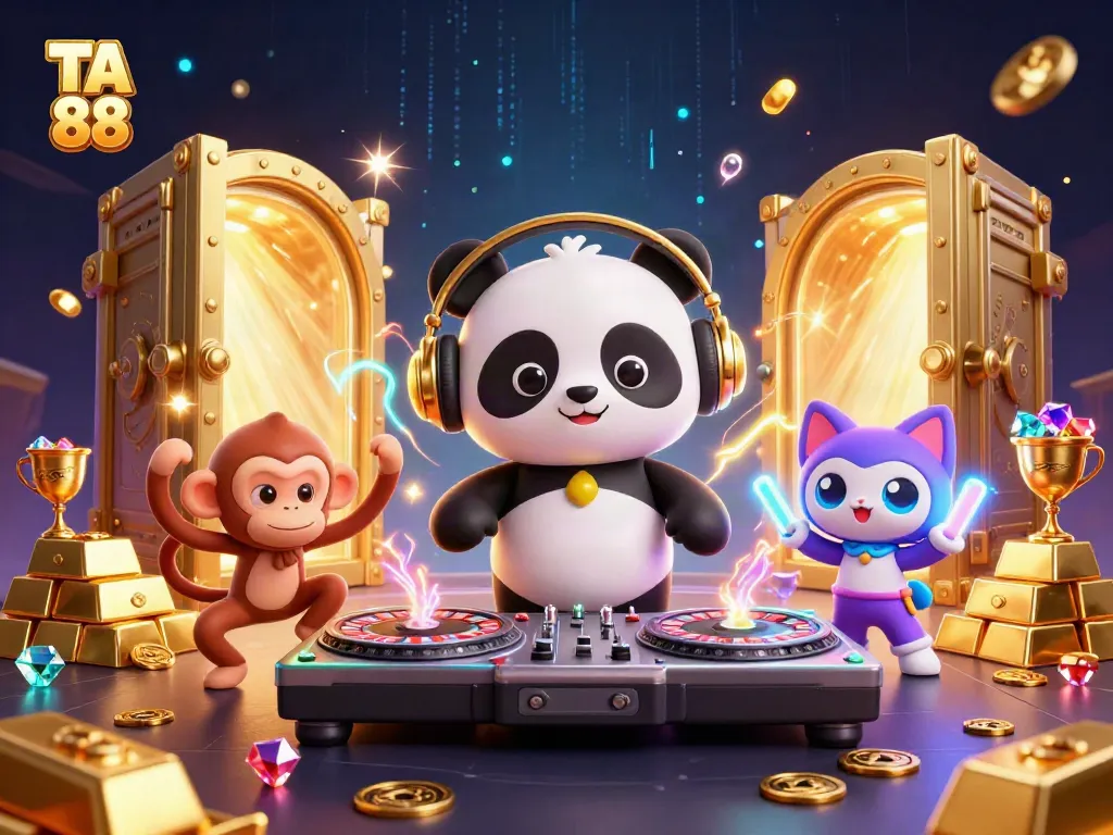 Experience the excitement of TA 88 with vibrant 3D characters in a casino-themed illustration.