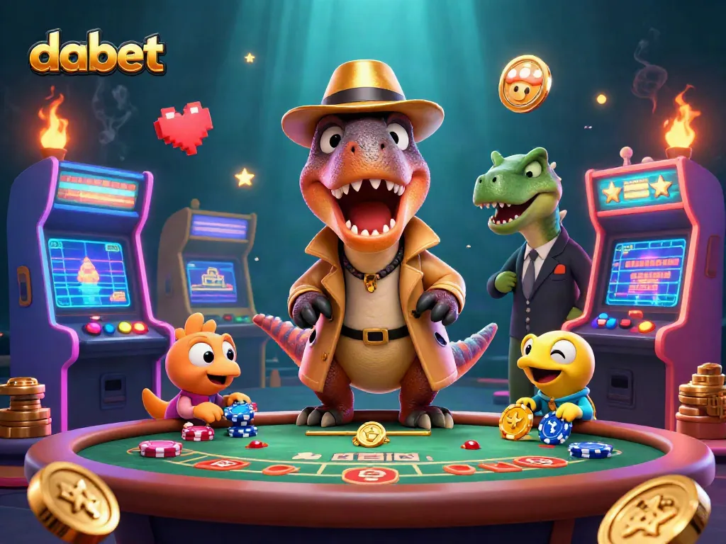 dabet players strategize with a velociraptor card counter and a suspicious pit boss at the blackjack table.