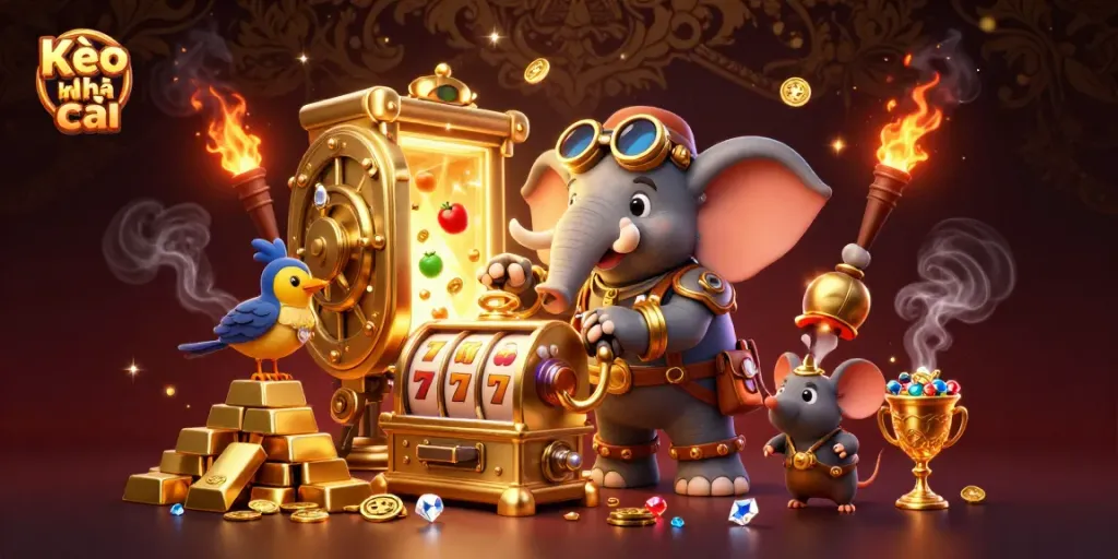 Kèo nhà cái showcases a steampunk elephant engineer delighting in a golden slot machine as treasures burst forth.