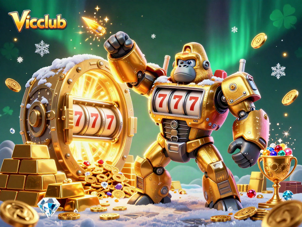 Experience thrilling gameplay at Vicclub with a vibrant golden gorilla mech and dazzling casino treasures.