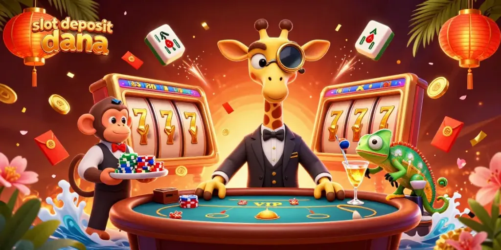 Engage with slots through slot deposit dana as a giraffe celebrates winning at a vibrant casino table.