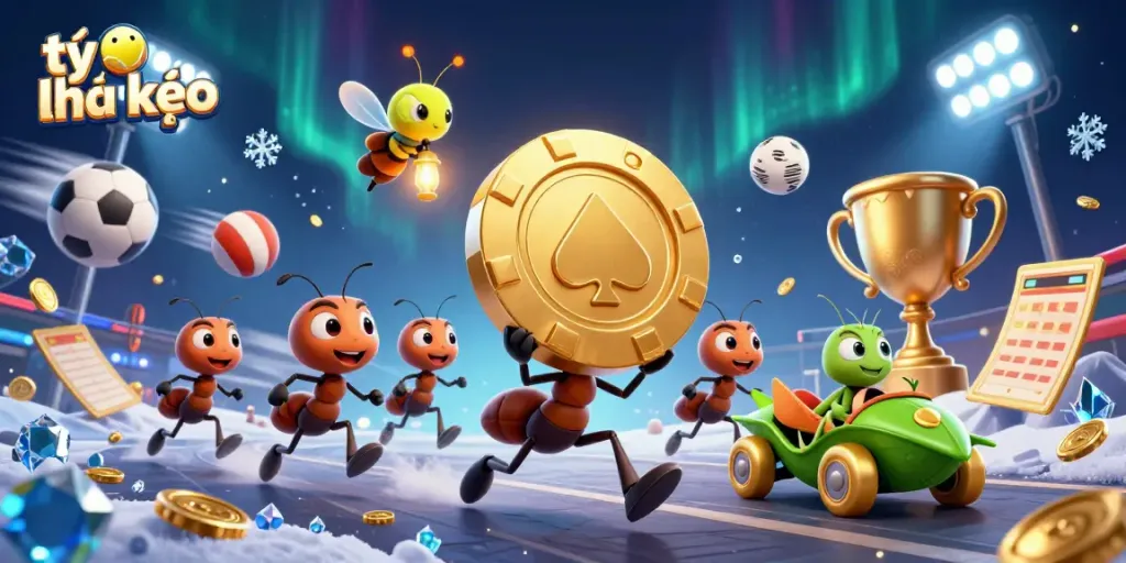 Engaging scene showcasing tỷ lệ kèo as ants heist a giant poker chip amid flying sports balls and dynamic casino elements.