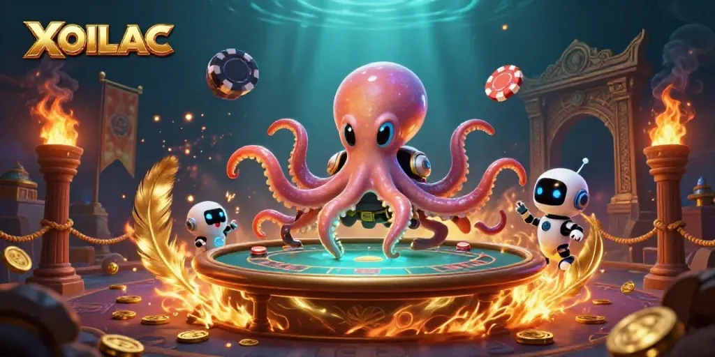 Experience thrilling poker action with the XOILAC octopus, floating in a vibrant cosmic casino setting.