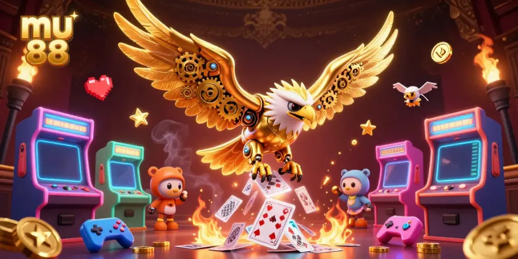 Join the adventure with mu 88 as the golden eagle dives through a cascade of holographic playing cards.