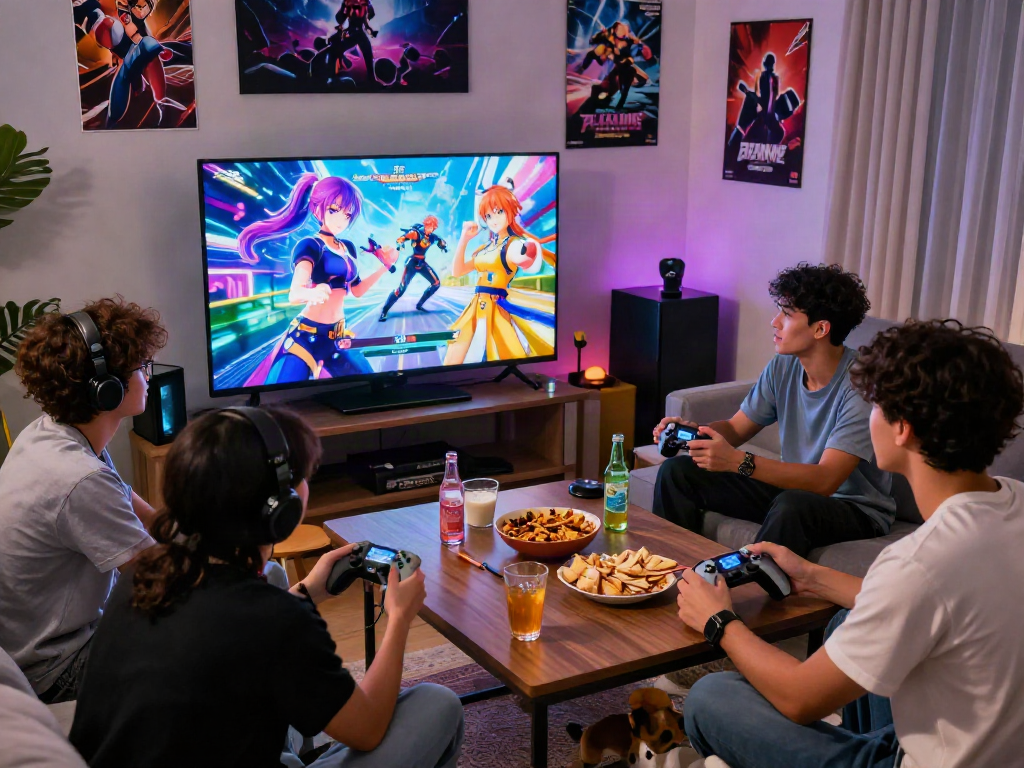 Friends joyfully playing a hentai game together in a cozy living room, vibrant atmosphere and gaming decor visible.