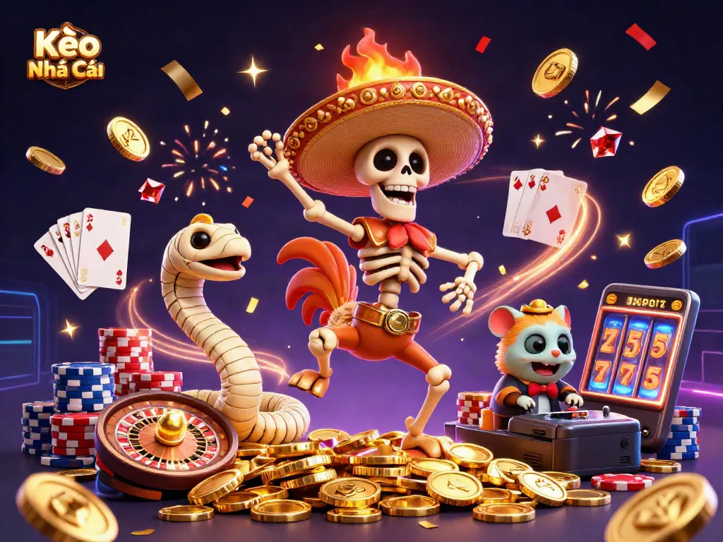 Engaging scene of Kèo Nhà Cái characters celebrating amidst cascading coins and dynamic casino elements.