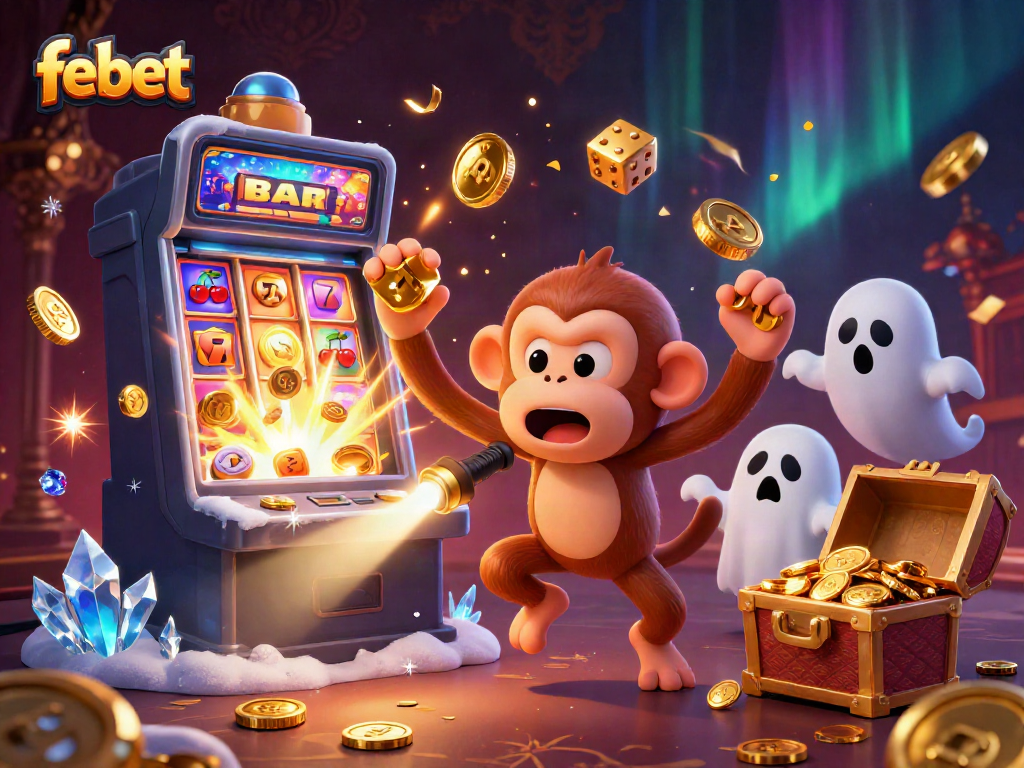 febet showcasing a mischievous poltergeist monkey and a ghost-hunter puppy in a dynamic haunted casino scene.