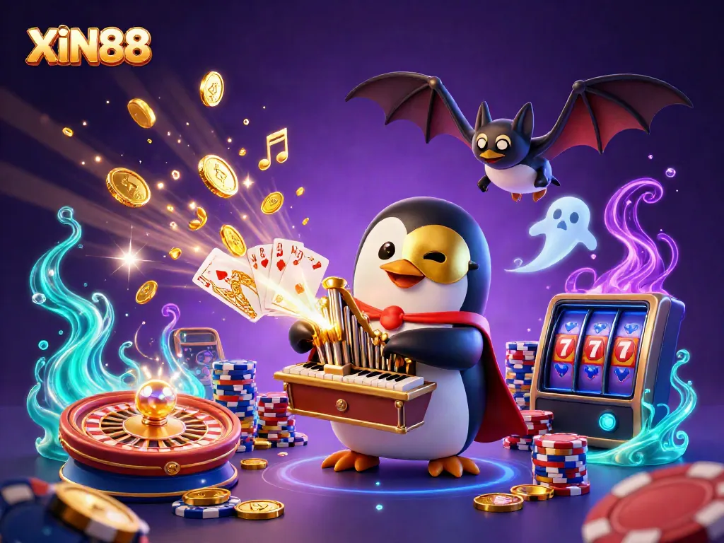 XIN88 features a vibrant 3D casino scene with a penguin playing a pipe organ shooting coins, surrounded by game elements.