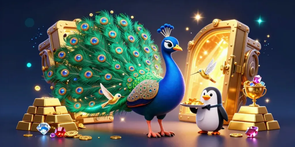 Experience the excitement of sunwinn with a dazzling peacock, butler penguin, and hummingbird amidst gold and treasures.