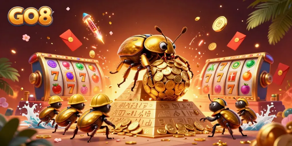 Experience the excitement of GO8 with golden beetles rolling in a casino-themed vibrant scene.