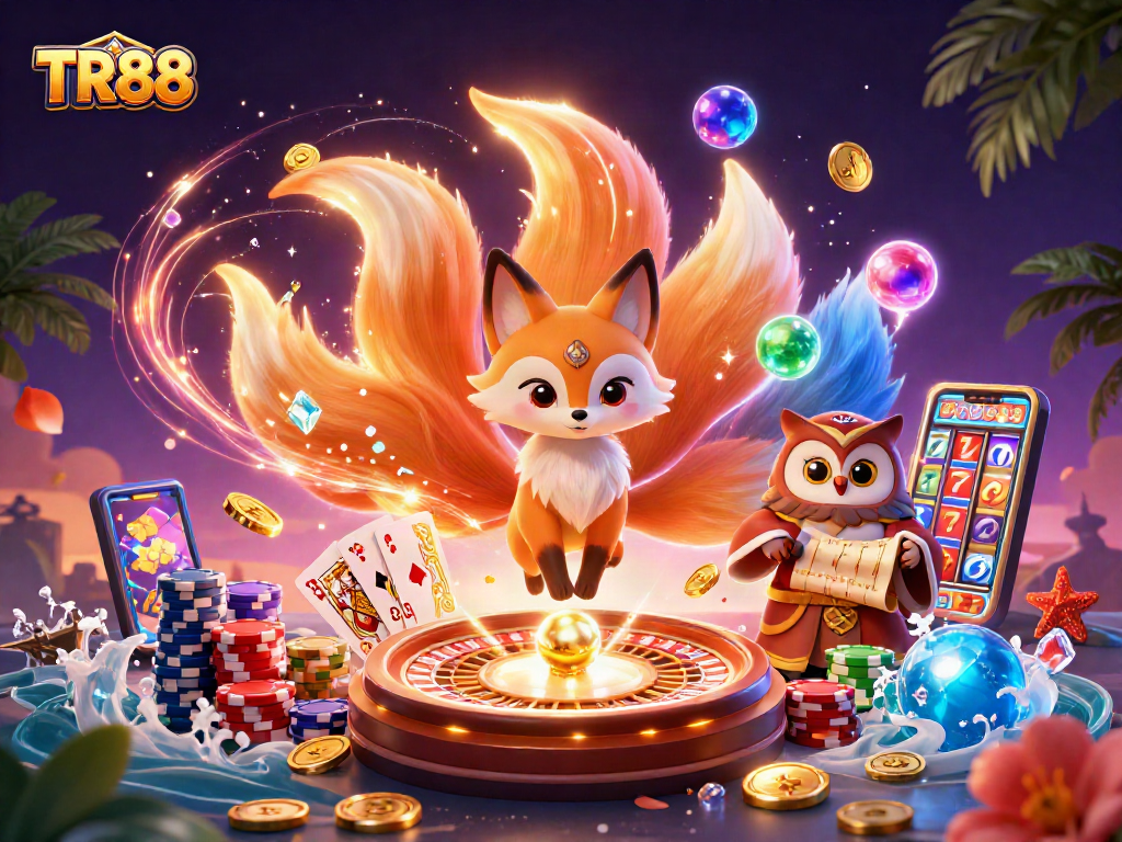 Engage with TR88 in an immersive 3D casino world featuring vibrant characters and dynamic gaming elements.