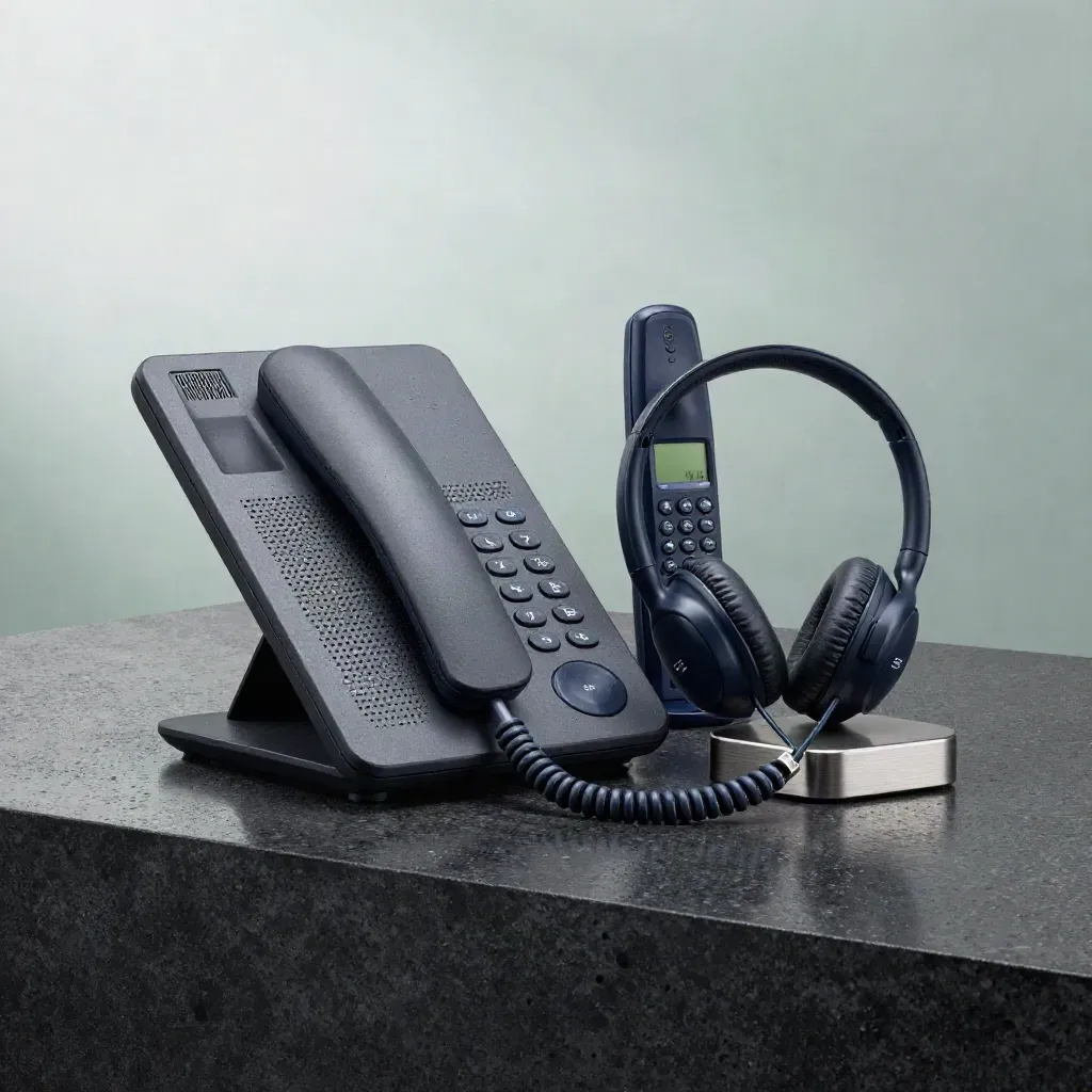 Graphite conference speakerphone with handset, headset dock and cables on a dark studio surface.