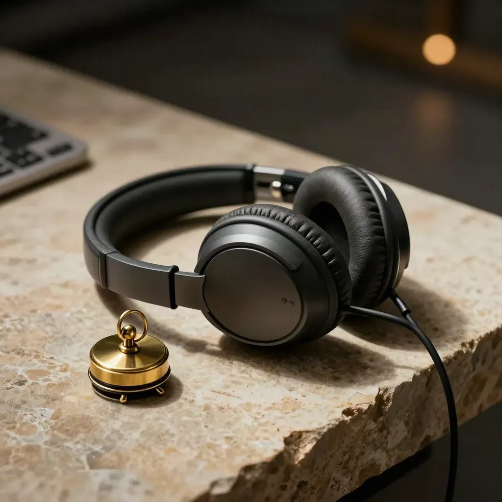Graphite headset, brass timer and cable clip on warm stone in dramatic studio light