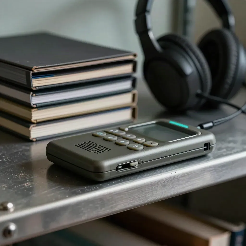 Macro pager, inbox trays and headset dock on a stone shelf, lit from upper left.