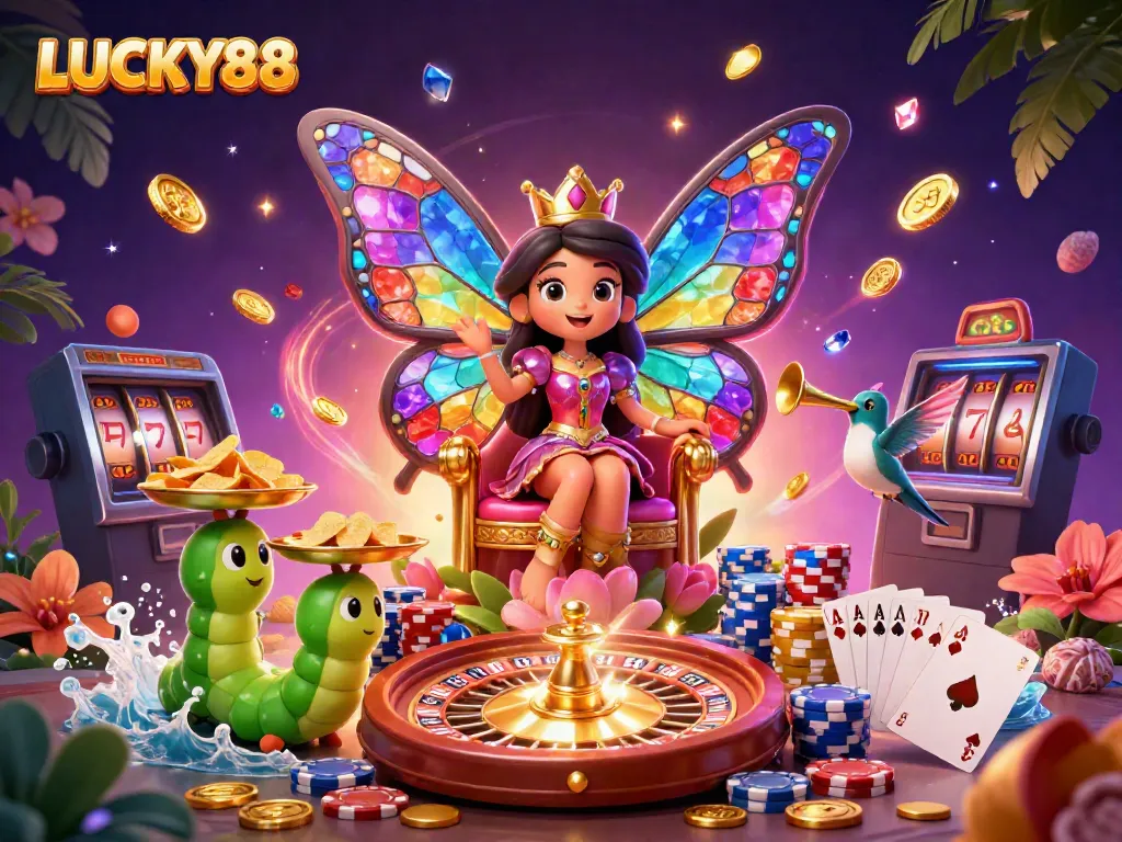 LUCKY88 casino illustration with charming characters and vibrant elements illustrating online gaming excitement.
