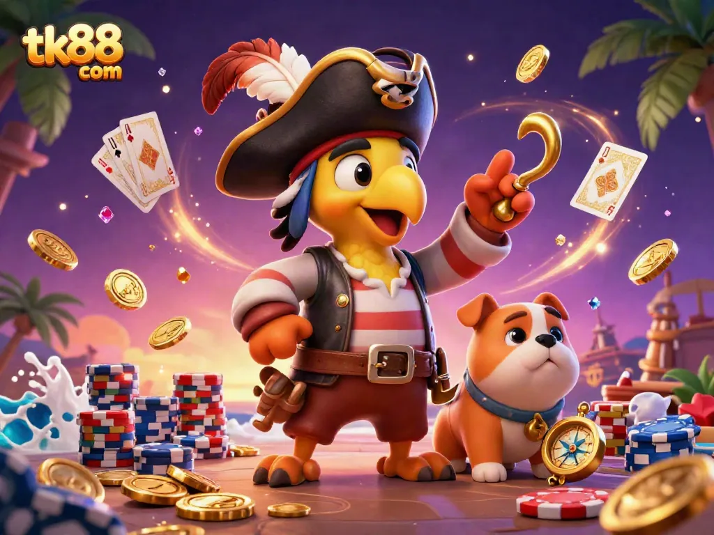 Engage in exciting gameplay with tk88 com, featuring pirates, gold coins, and casino elements.
