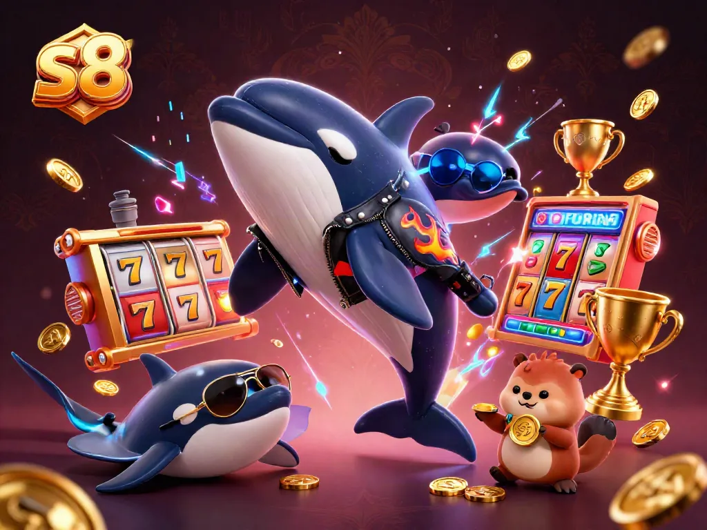 Engage in slots with s8's dynamic orca, stingray, and sea otters in a vibrant casino scene.