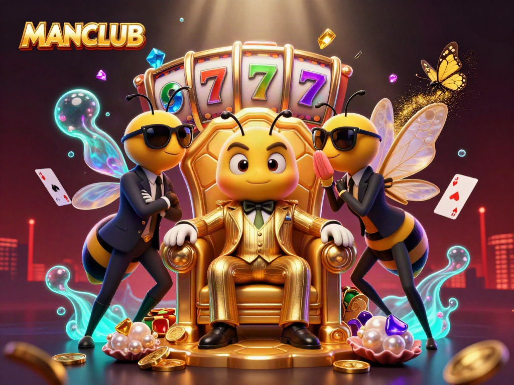 Experience the thrill of MANCLUB as cartoon characters engage in casino action amidst vibrant gaming elements.