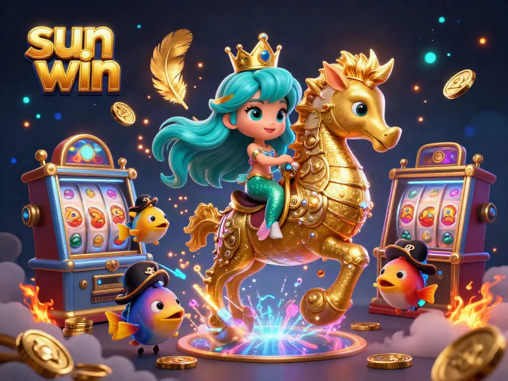 Engaging scene with sun win showcasing a mermaid and a seahorse amidst playful gambling elements.