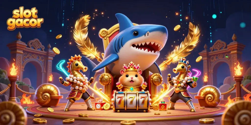 Experience the excitement of slot gacor with a dynamic illustration featuring a fierce hamster king on a megalodon throne.