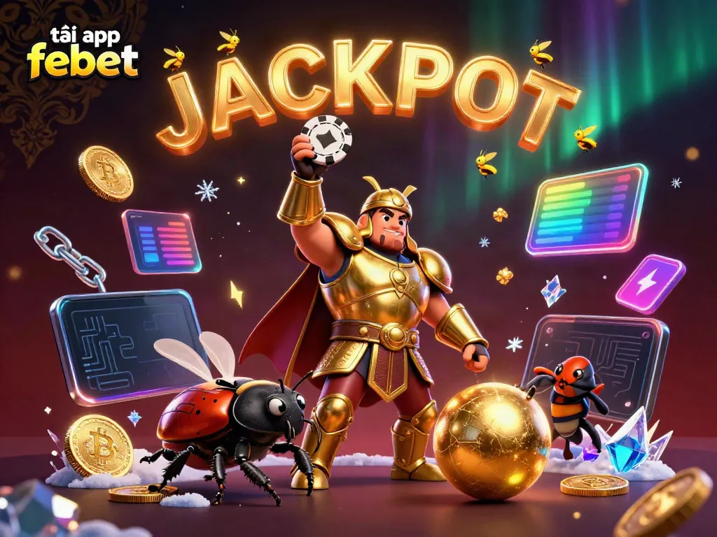 Experience the thrill of gaming with tải app febet showcased in a vibrant, dynamic 3D scene featuring heroic beetles and crypto elements.