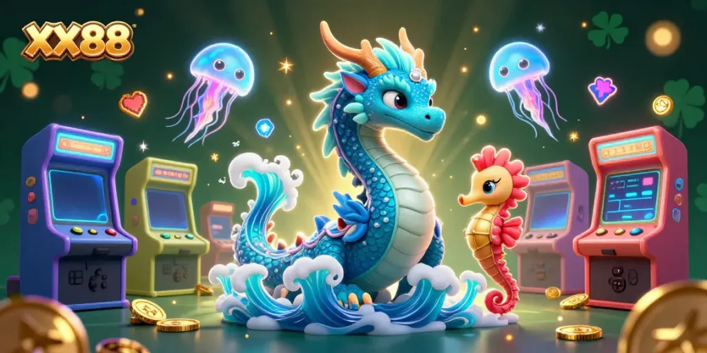 Experience the captivating world of XX88 with a vibrant underwater scene featuring a dragon and seahorse.