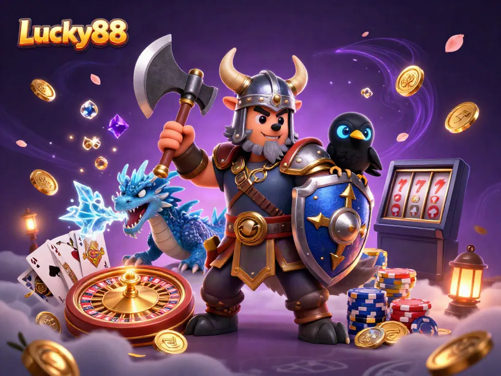 Experience thrilling gaming with Lucky88 featuring a Viking warrior, dragon, and alluring casino elements.