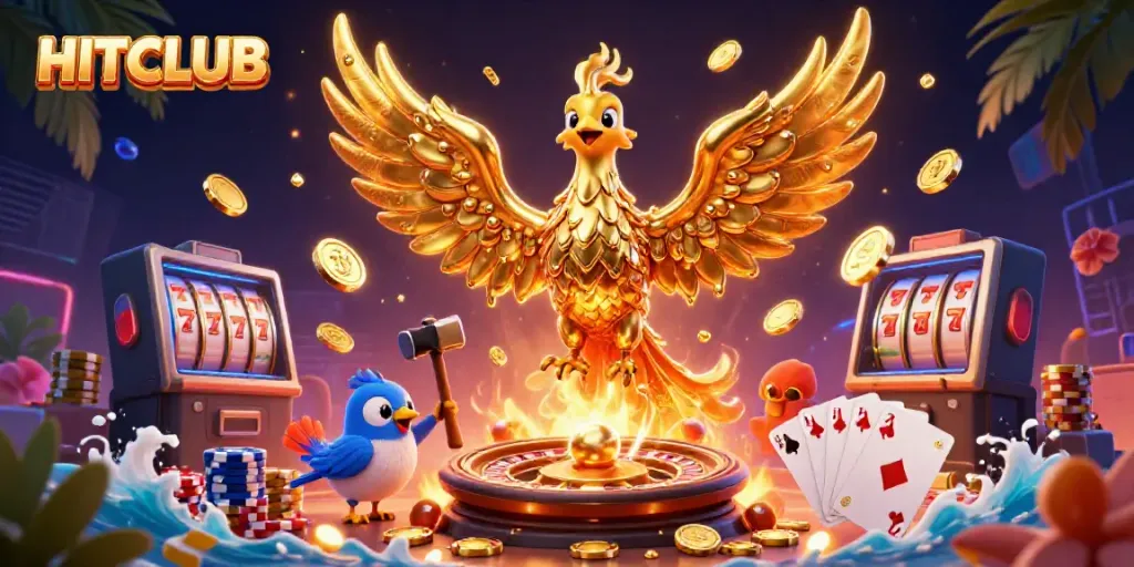 Experience explosive gaming action with HITCLUB's golden phoenix and casino icons.