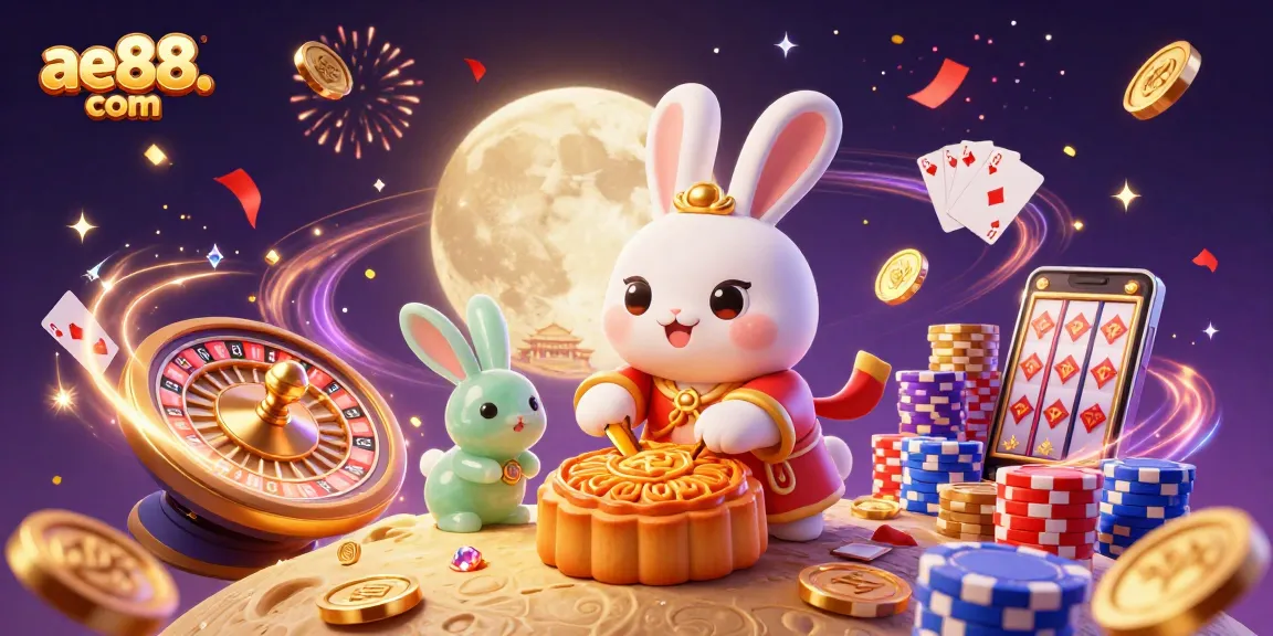 Engage with ae88. com through a vibrant casino scene featuring the moon rabbit surrounded by festive symbols and casino elements.