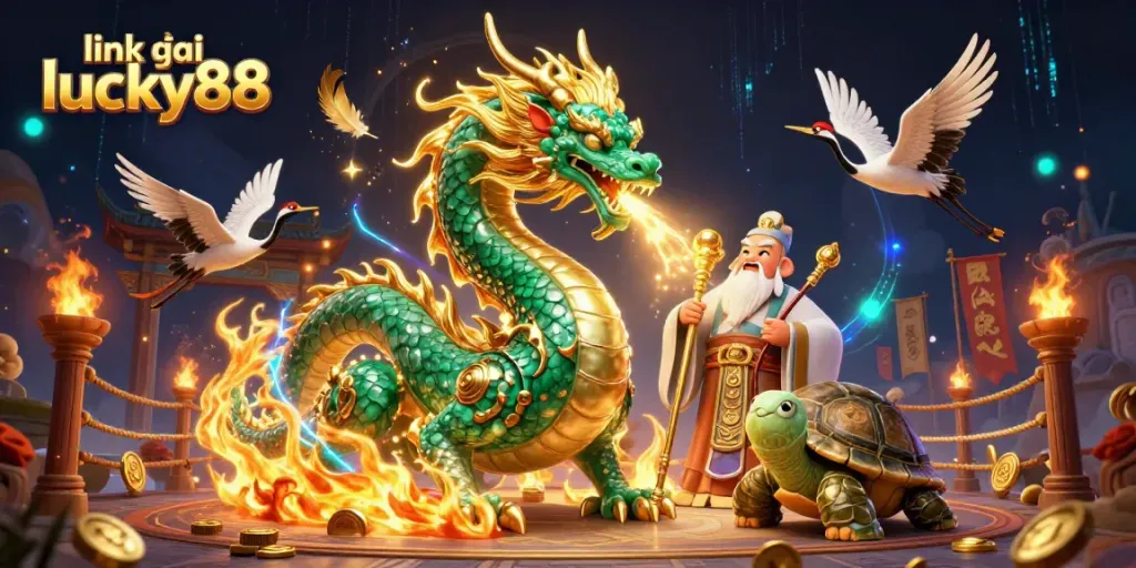 Engage with the stunning link vào lucky88 scene featuring a jade dragon and cartoon turtle in a rich casino backdrop.
