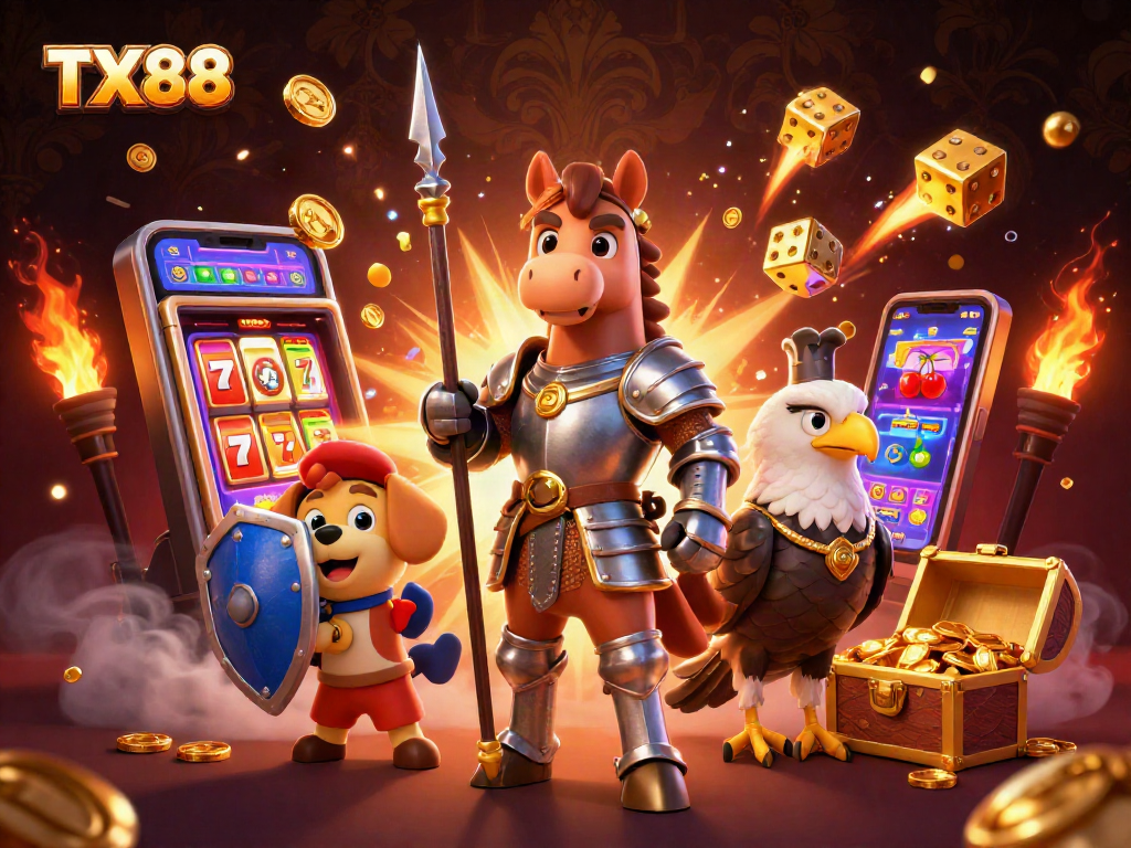 Play exciting games at TX88 with vibrant medieval-themed casino illustration showcasing jackpot elements.