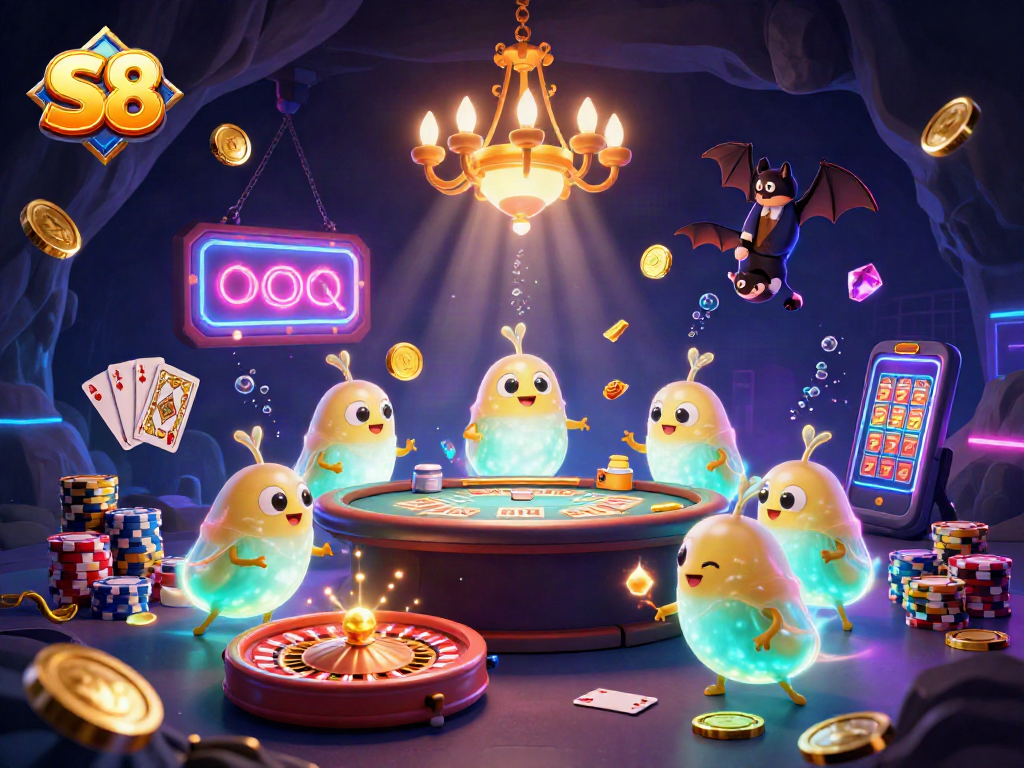 S8 gaming scene depicting glowworms illuminating a cave casino with vibrant games and golden details.