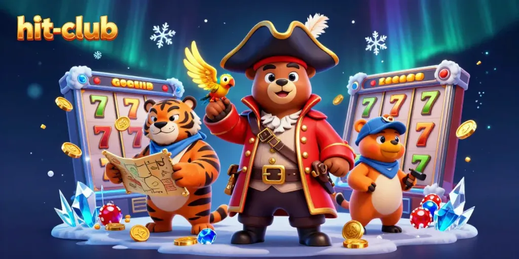 Join the fun at hit-club with a vibrant slot-themed 3D casino illustration featuring a pirate captain bear and his tiger mate.