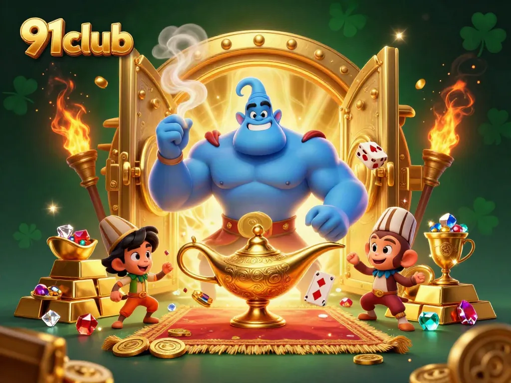 Experience the thrill of gambling at 91club with a vibrant and magical 3D illustration filled with treasures.