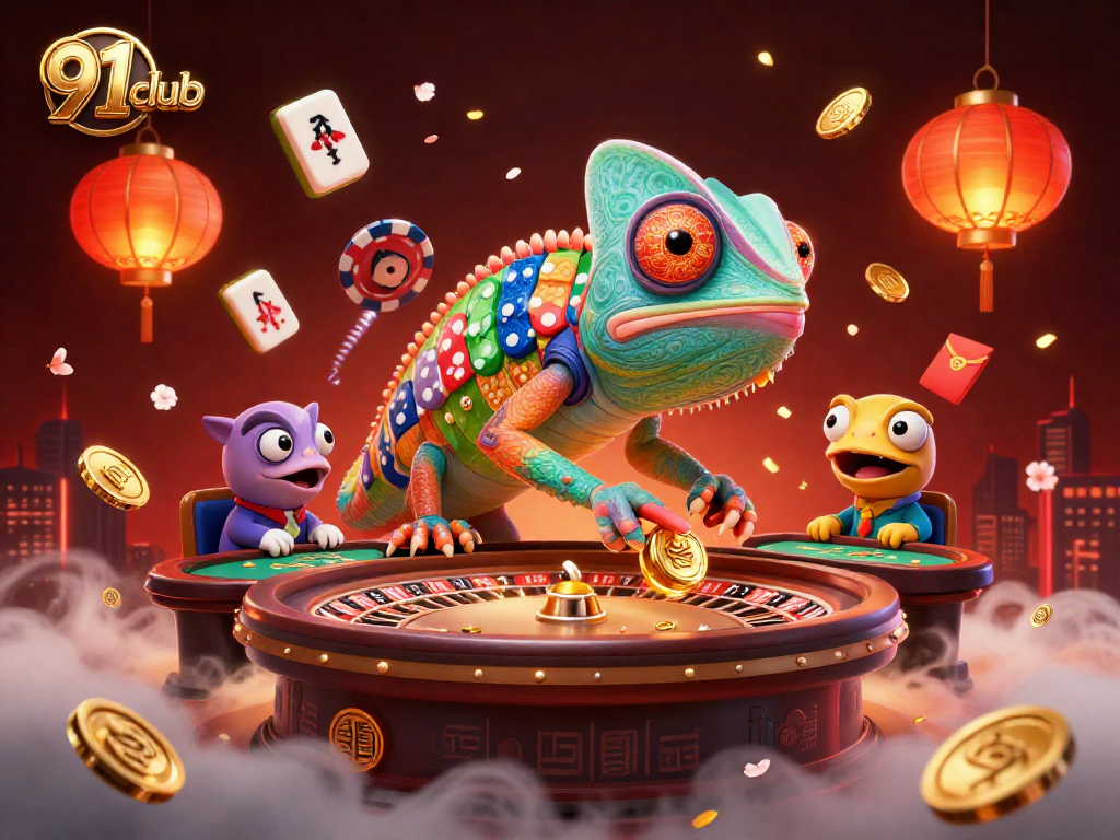 Experience the thrill of the 91 club with a captivating chameleon casino owner amidst vibrant gaming elements.