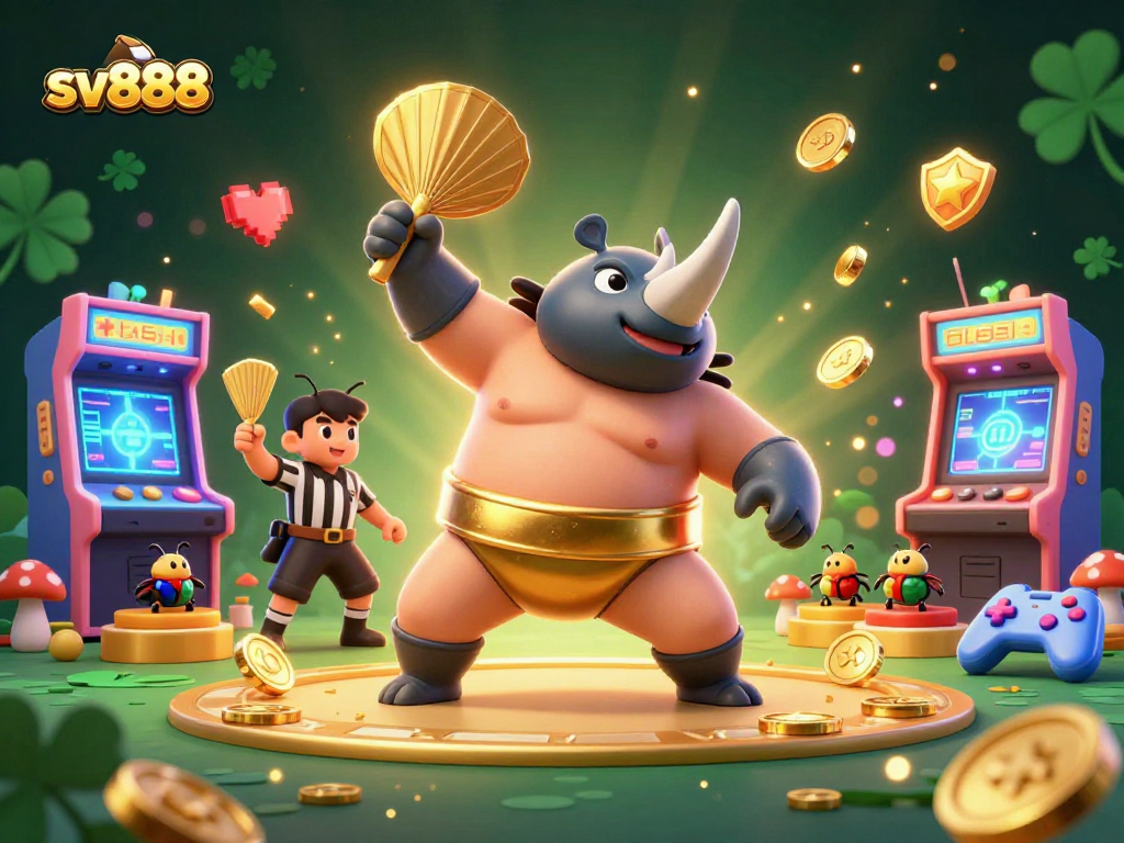 sv888 engages gamblers with a dynamic casino scene showcasing a beetle champion amidst arcade elements and gold coins.