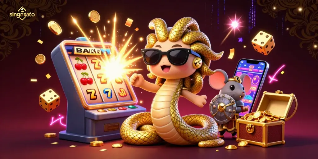 Win big with singatoto in a vibrant scene featuring characters and casino elements.