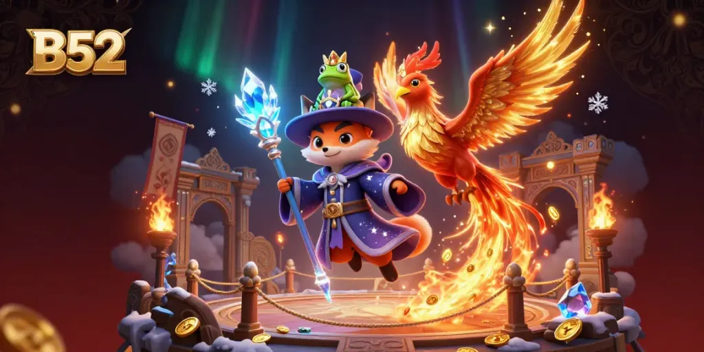 B52 casino wizard fox casts spells amidst golden coins and sparks, inviting players to explore.