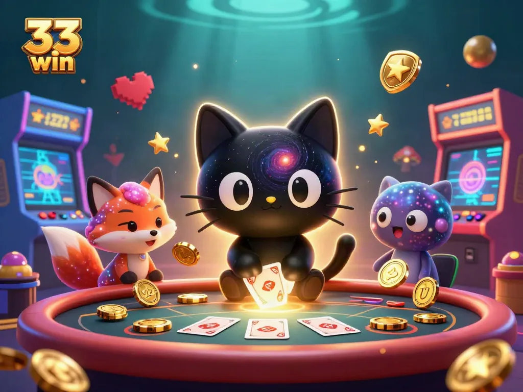 Engage with 33 win casino atmosphere as a cosmic cat pulls in gaming chips and cards.