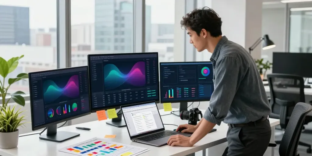 Marketer utilizing instant indexing tools in a vibrant workspace.