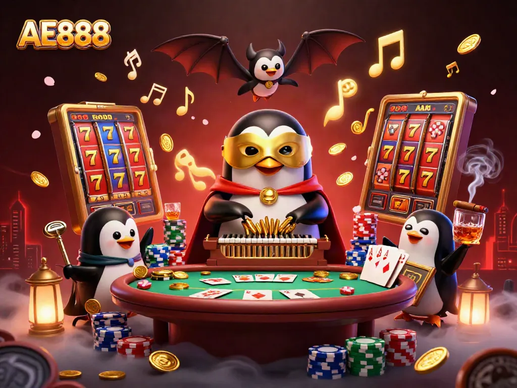 Experience the exciting gameplay of AE888 with dynamic visuals of gaming elements and a whimsical character scene.