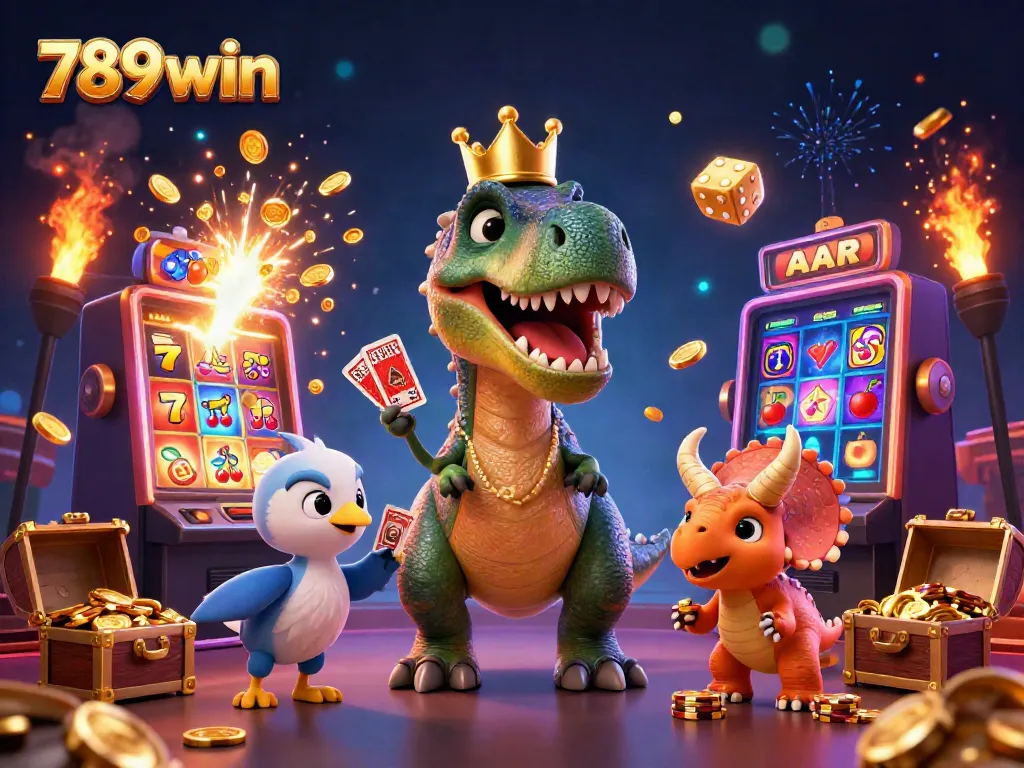 Exciting casino scene with 789win T-Rex dealing cards and friends stacking chips, celebrating a jackpot.