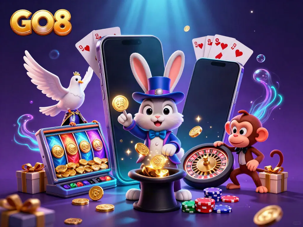 Experience the magic of GO8 with a whimsical magician rabbit, golden coins, and vibrant casino elements.