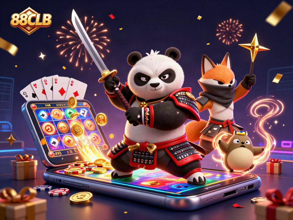 88CLB samurai panda and ninja fox enjoy vibrant slot games, surrounded by coins and festive magic.