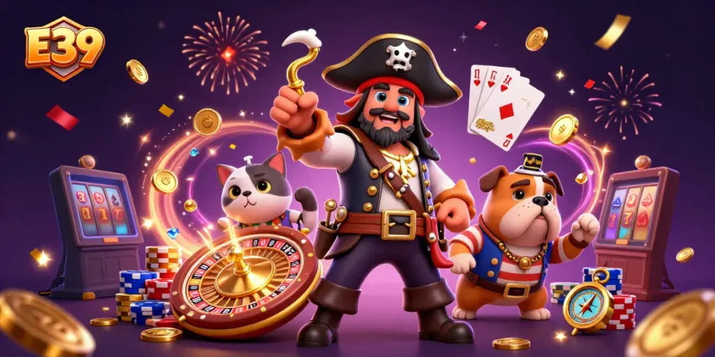 Experience the thrilling world of E39 online gambling with vibrant characters and casino elements.