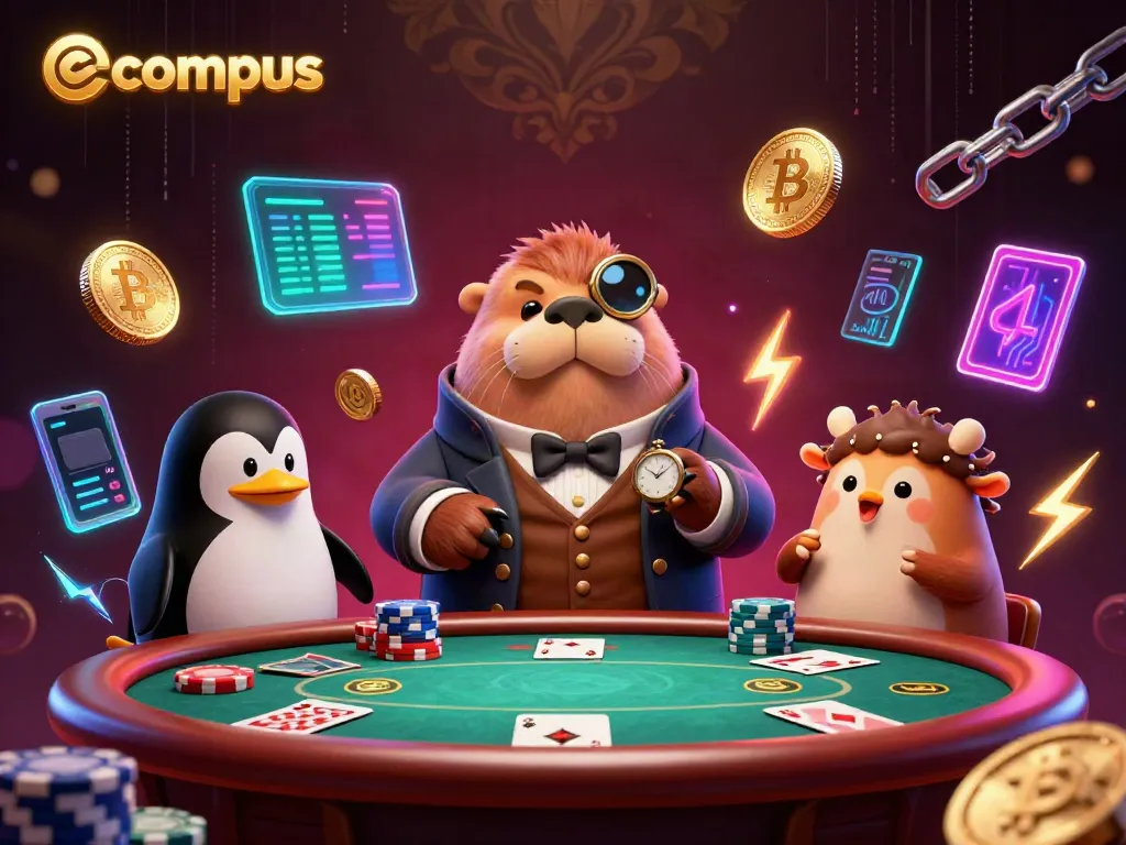 Join the underwater poker game with ecompus featuring colorful characters and vivid crypto elements.