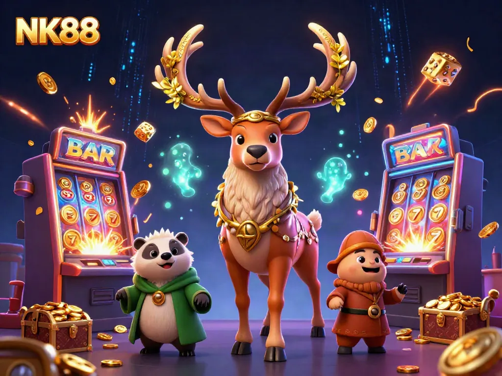 Win big at NK88 with an exciting 3D casino scene featuring iconic slot machines and magical characters.