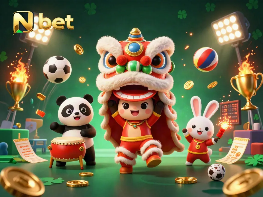 N bet sports betting illustration featuring lion dance, drumming panda, and colorful game elements.